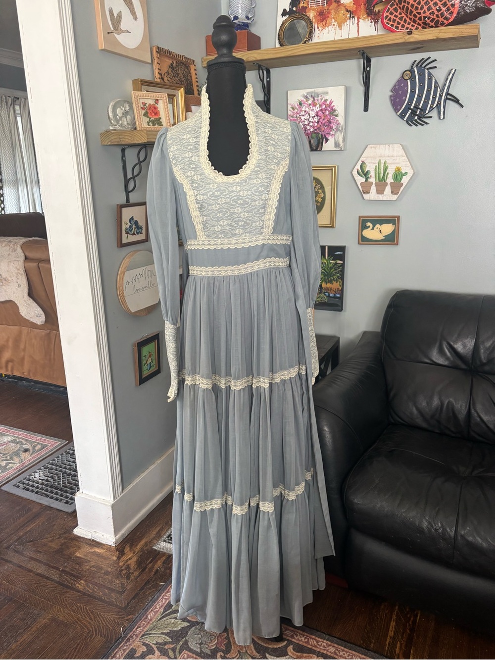 RARE VTG Gunne Sax 1970s long sleeve ruffled lace maxi dress prairie size 13